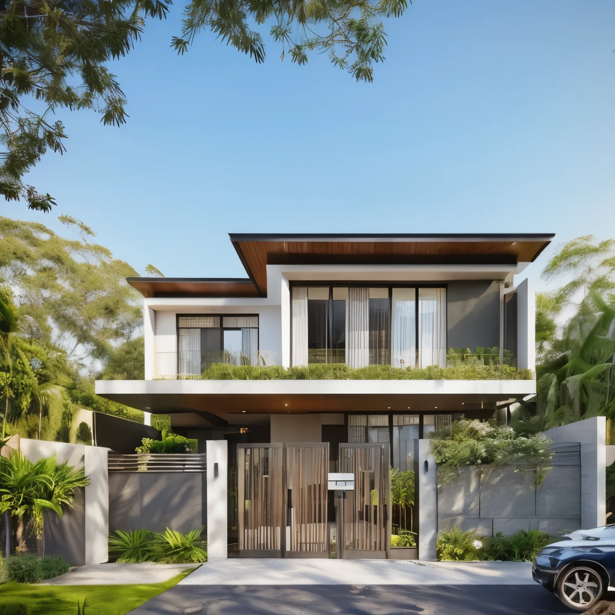 a modern house, grass fence, lawn, dark gray and coated wall material, Thai roof, strong modern style, blue sky, warm yellow light from inside, daylight day, feeling youthful