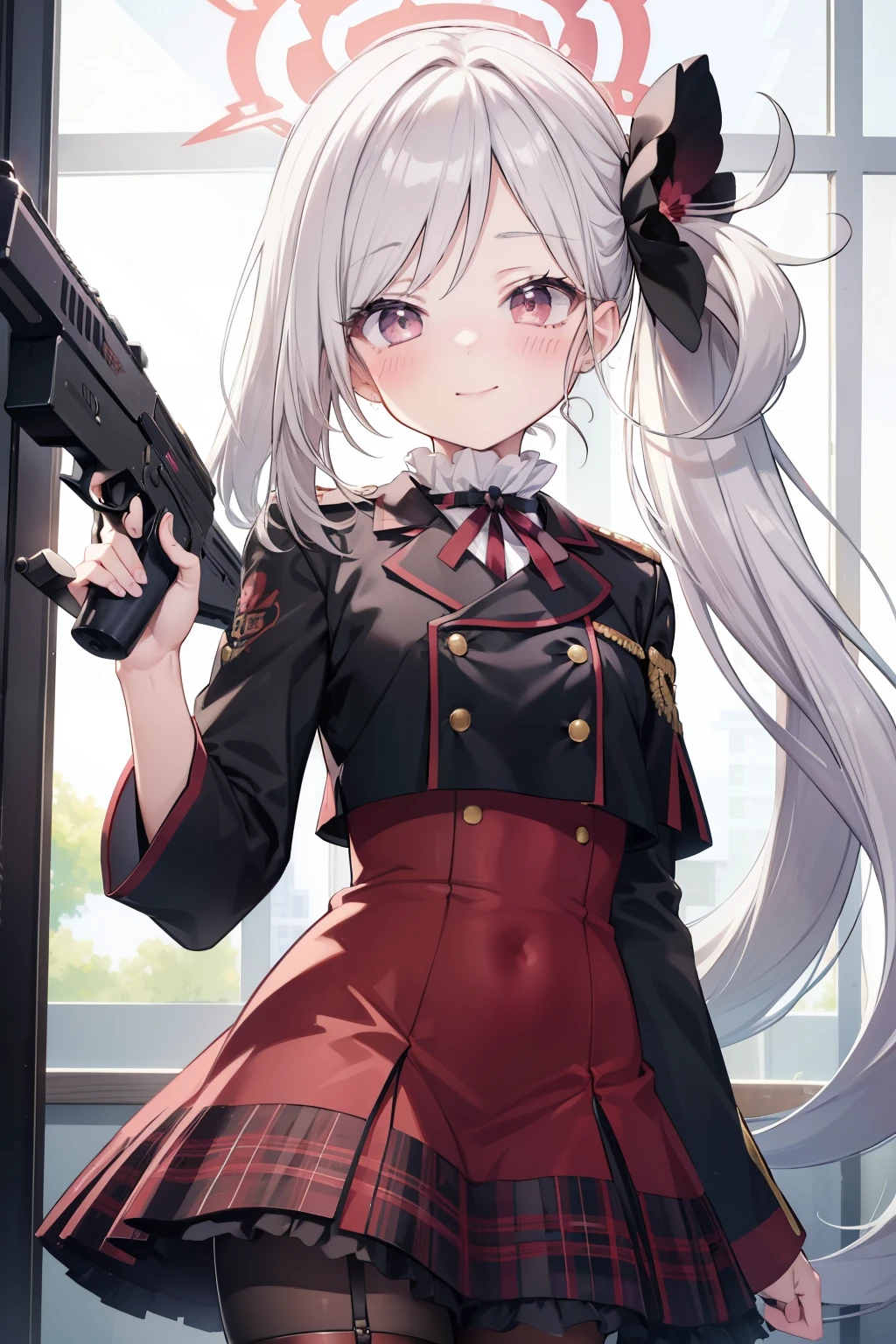 Asahi Mutsuki、Good looking girl (blush, Perfect Face), independent , Looking at the camera, masterpiece, Anime art style, Cute Characters, Most detailed, high quality、Nico Nico Smile、Silver Hair、side ponytail、Small breasts、Lolita、Combat Uniform、gunを持っている、gun