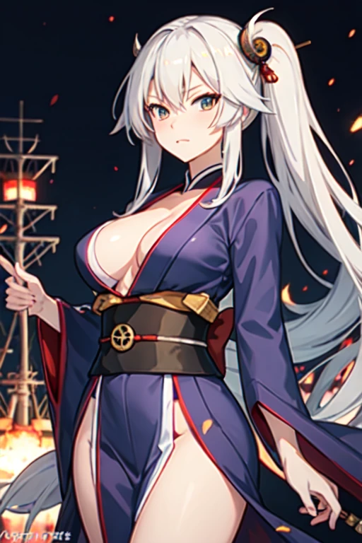 battleship Musashi as an anime girl, wearing kimono, with battleships nearby