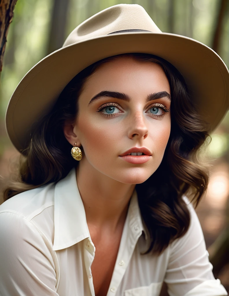 NadT1lTTXV1A, a 20 yo fit and beautiful woman [Elizabeth Taylor:Maude Adams:0.45] posing for masterpiece photo, wearing a hat and a white shirt in a forest area with trees in the background and a bush, (safari setting:1.3), (Hasselblad X1D II Digital), (professional photo shooting), (model pose), (highly detailed facial features), (perfect color grading), (natural light), (high quality photography), (intricate details), (8k), (HDR), (sharp focus), (medium view:1.2)