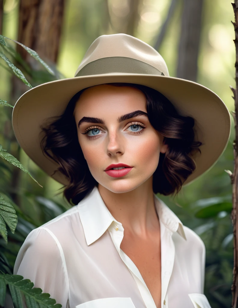 NadT1lTTXV1A, a 20 yo fit and beautiful woman [Elizabeth Taylor:Maude Adams:0.45] posing for masterpiece photo, wearing a hat and a white shirt in a forest area with trees in the background and a bush, (safari setting:1.3), (Hasselblad X1D II Digital), (professional photo shooting), (model pose), (highly detailed facial features), (perfect color grading), (natural light), (high quality photography), (intricate details), (8k), (HDR), (sharp focus), (medium view:1.2)