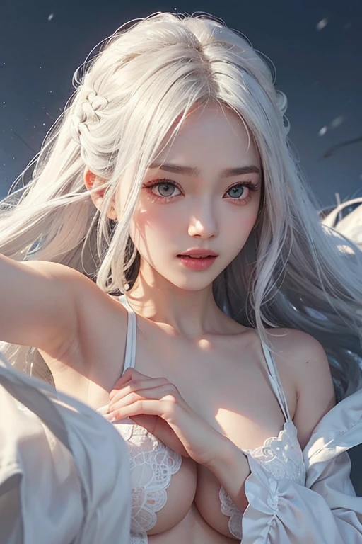 In a snowstorm、White underwear、White Hair、Long Hair、Wind、whole body、15 years old、woman、Hands outstretched、Evil Smiley Face, Dark Skin, Red eyes, Iris, Pupil orange、