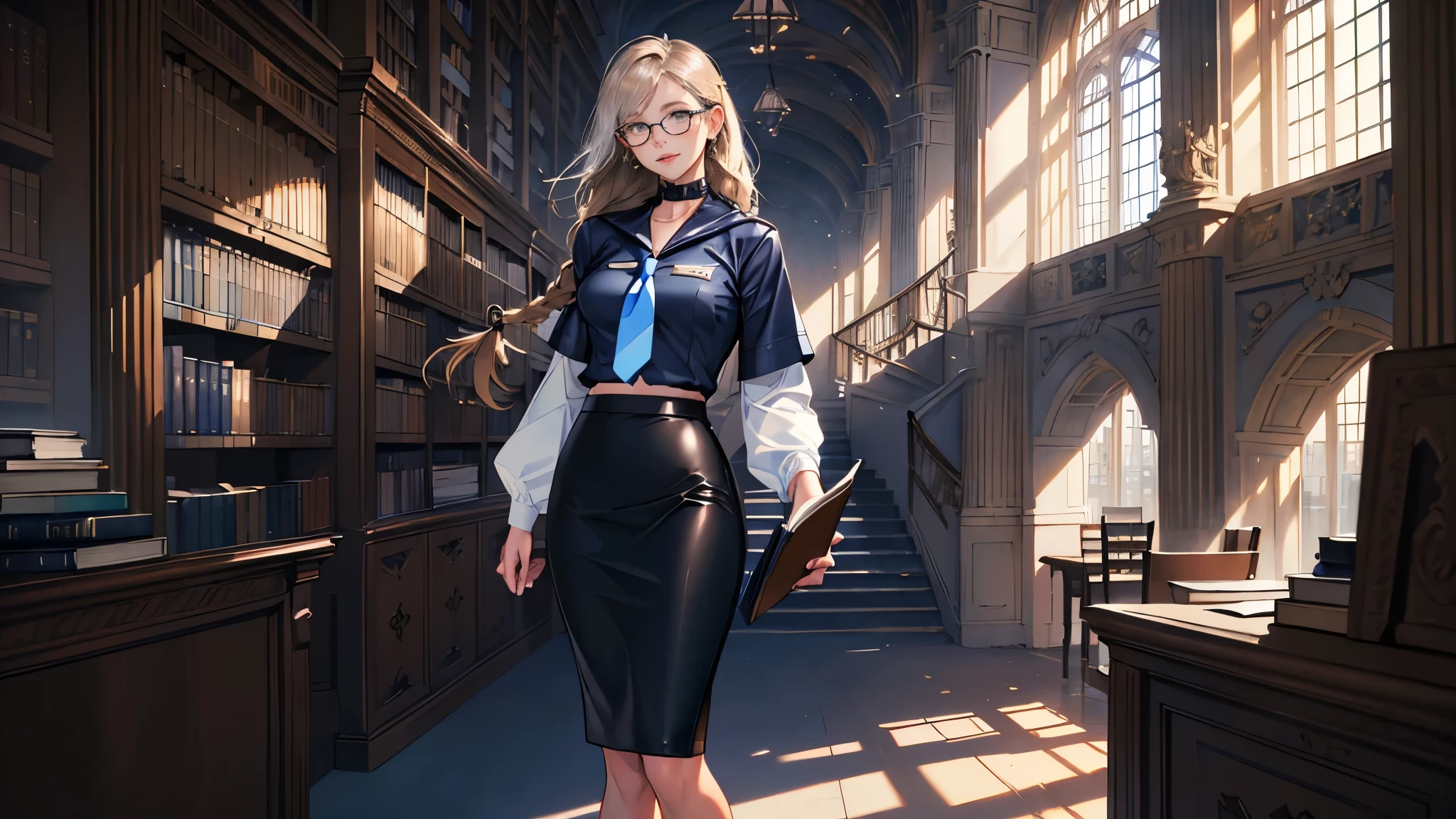 masterpiece, ultra detailed, 8K Portrait, Raw photo, portrait photography, full body, Highly detailed face, (Fantasy), Young beautiful, 27 years old, solo, smile, (librarian1.5), standing with hands on chest, (light brown Fishtail braid hair:1.2) Fluttering in the wind, blunt bangs, (white collar navy blue librarian uniform:1.5), (light blue tie1.5), (dark brown leather Pencil skirt:1.5), black tights, (holding a book), Midday Sun, hyper realistic, Body model, Small breasts, Beautiful breasts, Long legs, In the large library, Ambient lighting, Shadow details , Camera focus on face, strong breeze, Light fog