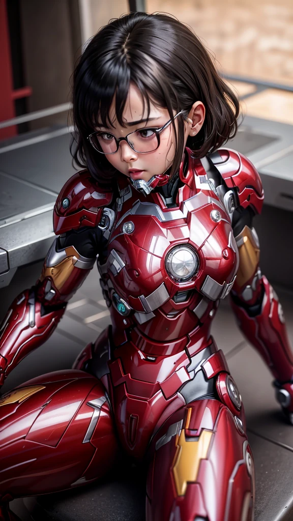 Highest quality 8k Iron Man Suit Girl、、、Kindergarteners、 Hyperrealism, Super Detail, high quality, Anatomically correct, 16K, High resolution, Textured skin、Chiquita、、Glasses、Sweaty、Red and Black Spread your legs wide I can see the vagina Sit on a chair Short Hair Black Hair Drooling from the mouth