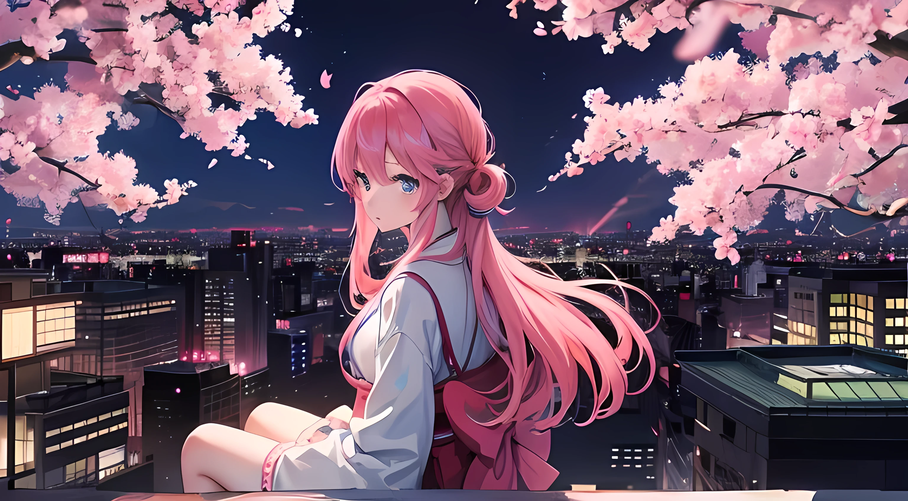 Anime images of Japan1People Girl、 blue eyes、 Pink long hair、 looking at laptop in room、 meditation、 Out of the window、 Tokyo cityscape、 night view、 cherry blossoms、 Size is 16:9 please