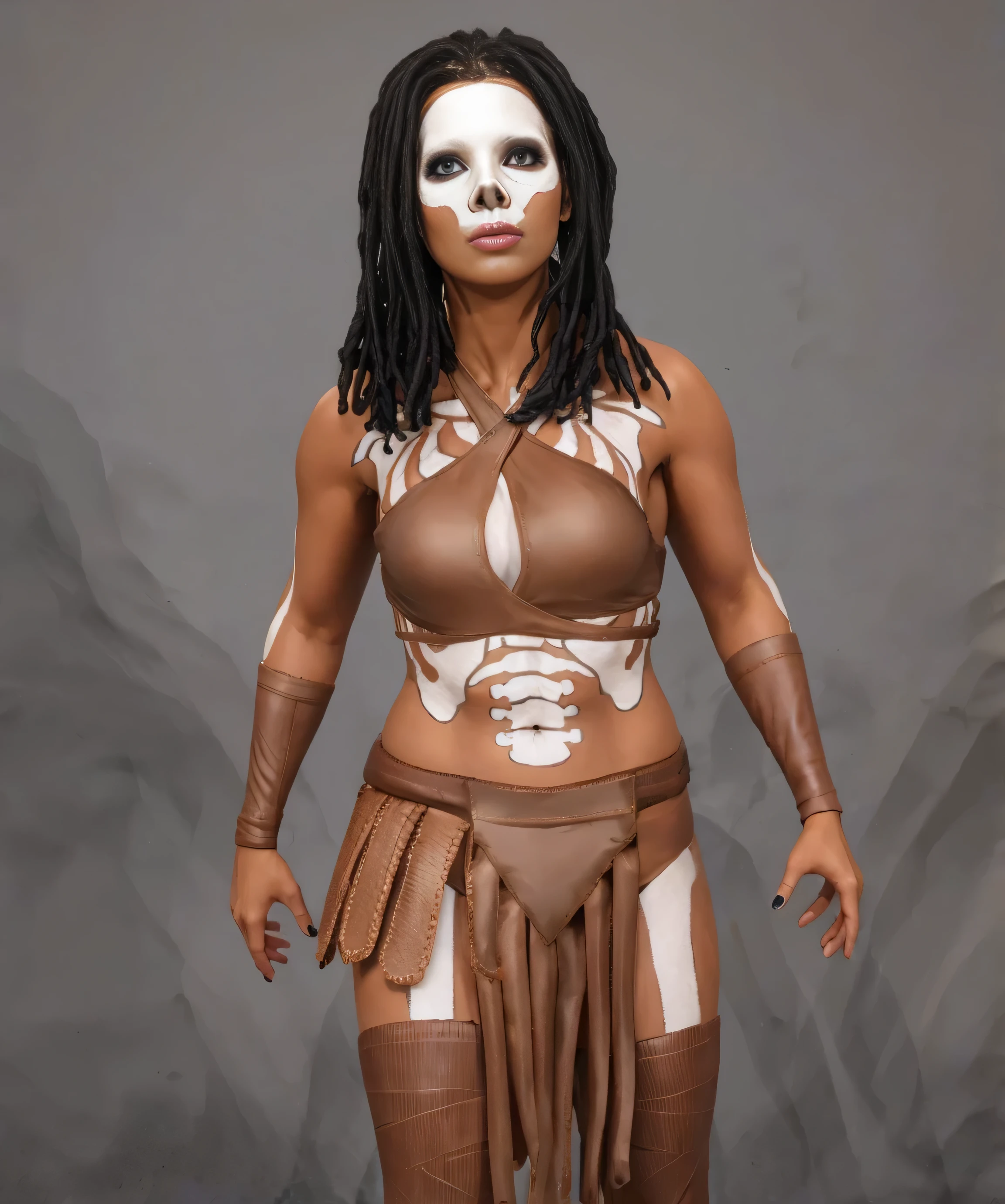 ((masterpiece, best quality)), ((((perfect anatomy)))), (33 year old)), (((Curvy))), (((Black woman with white skull face-paint), (long black dreadlocks)), brown leather bra, ((brown tassels)), (Brown briefs), (brown leather arm bracers), brown leather leg-wraps, ((white skeleton body paint)), Standing in front of a grey screen, (looking at the camera), ((((photo realistic))))