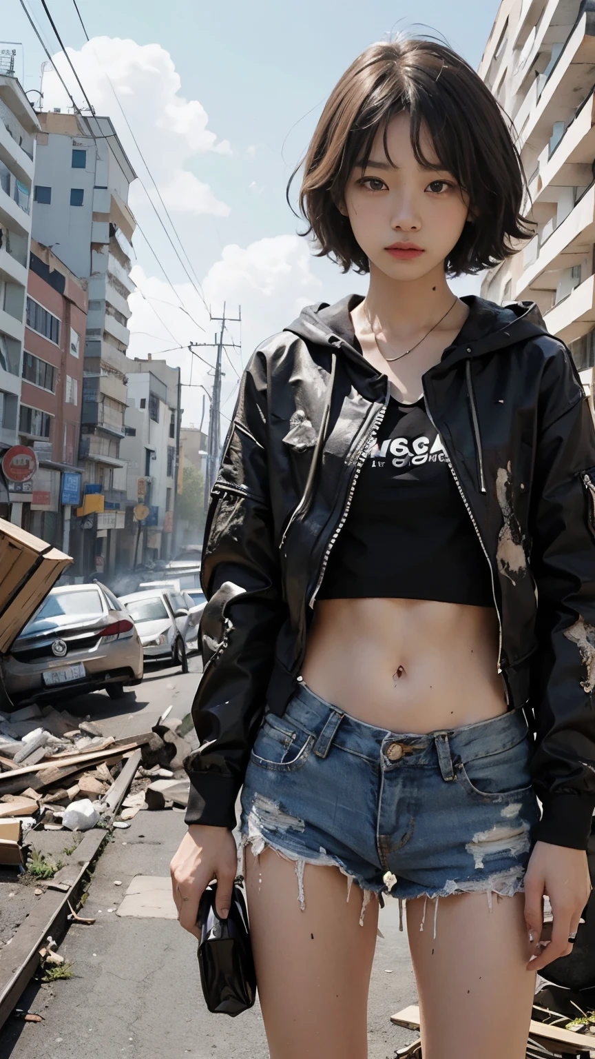 Bobcut,Showing palm with fingers outstretched,20-year-old,(((Homeless))),Bad complexion,Full of trash,Korean women,Pitch black,Tattered clothes,((( in a destroyed city,Oil,Mud stains,shit,dirty))),(((Frowning,カメラをGlaring))),((((Rubble pile))),After the disaster,Very fine eye, (((He&#39;s wearing a tattered and dirty black hoodie.,Wearing ripped pants))),(((Collapsing Building))),(((Tragic))),((photograph)),(((Fabric Shading))), (((highest quality))), (((masterpiece))) strong girl, ((((Realistic)))),,Black Hair, chic hairstyle, ((With bangs,ストレートミディアムBobcut, nice hair)), Light makeup,Red eyes, (((I&#39;m not wearing lipstick))), (nice, strong), (((Strong night atmosphere))), Centered Images, Looking at the camera, Elegant colors,Realistic Skin,Realistic texture,８k,whole body,Pale skin,Red iris,Expressionless,Glaring,Perfect Face,(((Big eyes))),Holding a blank board