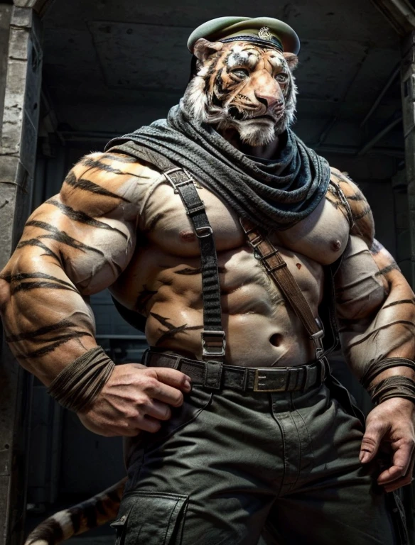 a tiger man, orange in color, he is handsome, with medium sized hair tied up, he is a military man and he has a scar on his left eye, the scar is red, he has black eyes with a white pupil, he wears a military beret with gold details, he has a pink snout, he wears a black scarf that covers his throat and a little of his shoulders, he wears a katana on his back, he is shirtless and he has a white belly that the white goes to his neck, he is shirtless and he has stripes on his body, he is very muscular, with a tattoo on his left shoulder, he wears faxes which are black bandages from the elbow to the wrists, he wears black cargo pants with ribbons and rings , and wears black suspenders, and he wears black military boots.