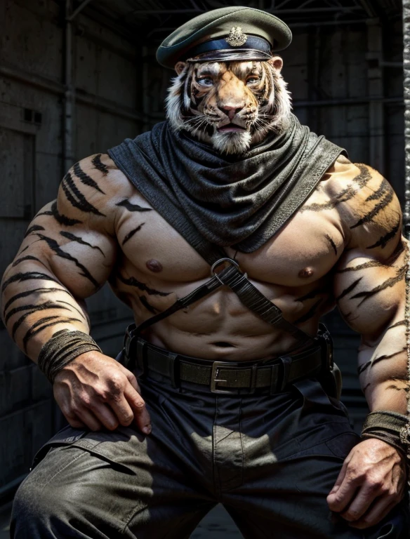 a tiger man, orange in color, he is handsome, with medium sized hair tied up, he is a military man and he has a scar on his left eye, the scar is red, he has black eyes with a white pupil, he wears a military beret with gold details, he has a pink snout, he wears a black scarf that covers his throat and a little of his shoulders, he wears a katana on his back, he is shirtless and he has a white belly that the white goes to his neck, he is shirtless and he has stripes on his body, he is very muscular, with a tattoo on his left shoulder, he wears faxes which are black bandages from the elbow to the wrists, he wears black cargo pants with ribbons and rings , and wears black suspenders, and he wears black military boots.