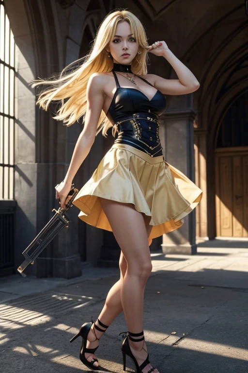 under the sun, blonde hair, highheel , skirt, gang, violent,Violent,looks strong,Slim woman,underworld