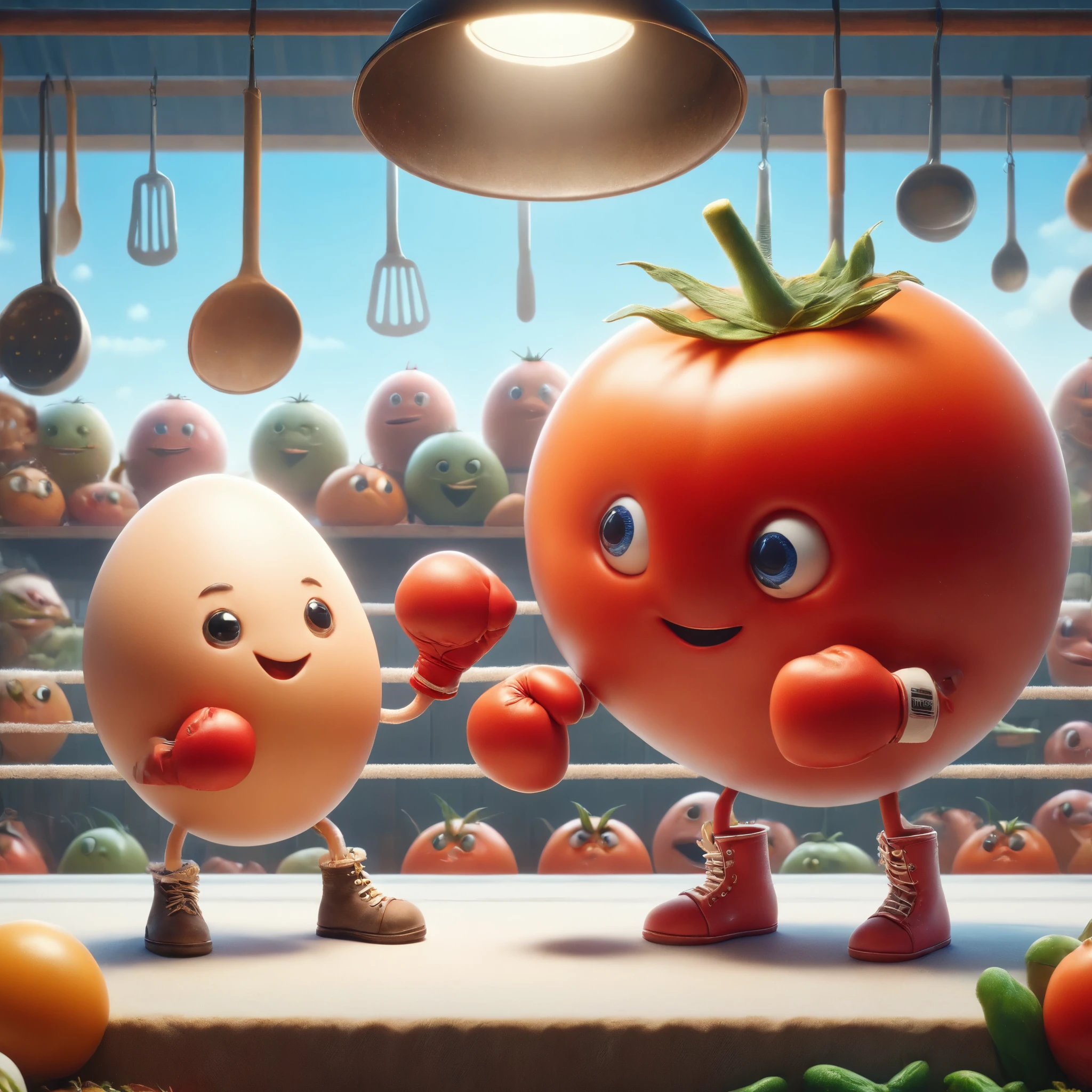 a whimsical kitchen-like boxing ring, a charming egg and a plump tomato are poised for a friendly boxing match. The egg has miniature gloves and a determined smile, while the tomato wears boxing gloves and its stem resembles a jaunty hat. The arena is decorated with hanging kitchen utensils and surrounded by an audience of various fruits and vegetables cheering excitedly. The scene is vibrant and cartoonish, with exaggerated expressions and movements, embodying a playful and innocent camaraderie between the characters. The setting is lively and animated, capturing a scene of unique friendship.