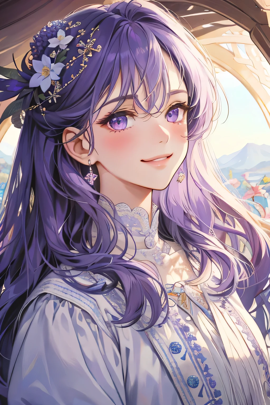 (extreamly delicate and beautiful:1.2), 8K,(masterpiece:1.0),(best_quality:1.0), 1 girl, and intricate detailing, Enlarged textures, and intricate detailing, finely eye and detailed face, and intricate detailing, lavender curl long hair, (smirk mouths), Perfect eyes, Equal eyes, purple eyes (A famale god) with classic blue sky yunani romawi, look at camera, look 50 years old, blush