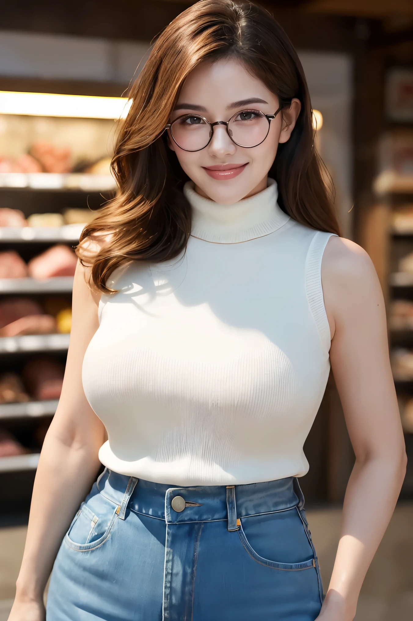 (highest quality、masterpiece、8k、Best image quality、Hyperrealism、Award-winning works)、(1 45 year old mature woman:1.2)、(45 year old mature woman:1.2)、(Wrinkled face:1.1)、(Slender body:1.1)、(Big Breasts:1.2)、The most elegant long wavy hairstyles、(Accentuate your body lines:1.1)、(Elegant sleeveless turtleneck knit:1.2)、(Damaged Denim Shorts:1.1)、(Blurred Background:1.1)、(Standing Elegantly:1.2)、(Meat shop background:1.2)、(Strongly blurred background:1.2)、The most natural and perfect meat specialty store、Meat is sold in bulk、The most natural interior, Perfectly organized、(Shelves full of meat:1.2)、(There is a lot of meat lined up:1.2)、(Beautiful skin that shines Very brightly:1.4)、(Very bright:1.4)、walk gracefully down the aisle、The best smile when he sees me、Upper body photo、Accurate anatomy、Big Breasts、Accentuate your body lines、Perfect Makeup、Long eyelashes、Bright lipstick、Beautiful glossy lips、Ultra-high resolution glossy skin、Ultra-high resolution, Glowing Skin、Ultra-high resolutionの光沢のある唇、(Ultra-high resolution beautiful teeth:1.1)、(Elegant round glasses:1.1)