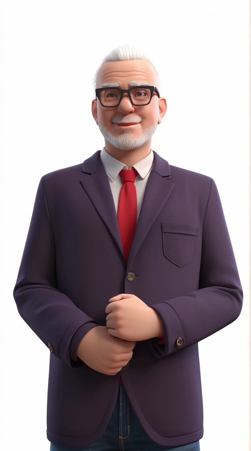 a white haired, bald man wears square frame glasses is wearing a red polo shirt jeans and white sneakers and animation character, Stylized character, animation style rendering, stylized 3D, 3D Rendering, 3D Character, cartoon character, Close-up character, Character pose, Pixae Style, 8K, Disney, Ultra HD, cinematic