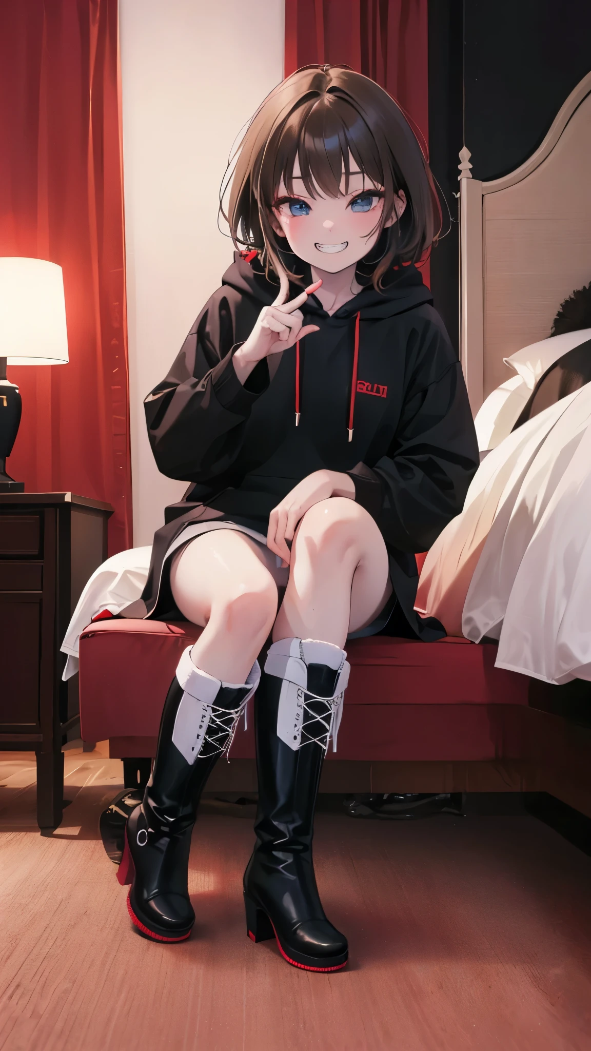 ultra-detailed , best quality, high resolution, master piece ,beautiful eyes, cute、(((( grin))))、lovehotel,((((sitting on a bed)))),
black and White hoodie、Red and black hoodie、White hoodie、((black platform boots))、perfect finger、(((boots focus))),the soles of the boots,
Brown Hair、Black Hair、Black Hairロング、black eye,