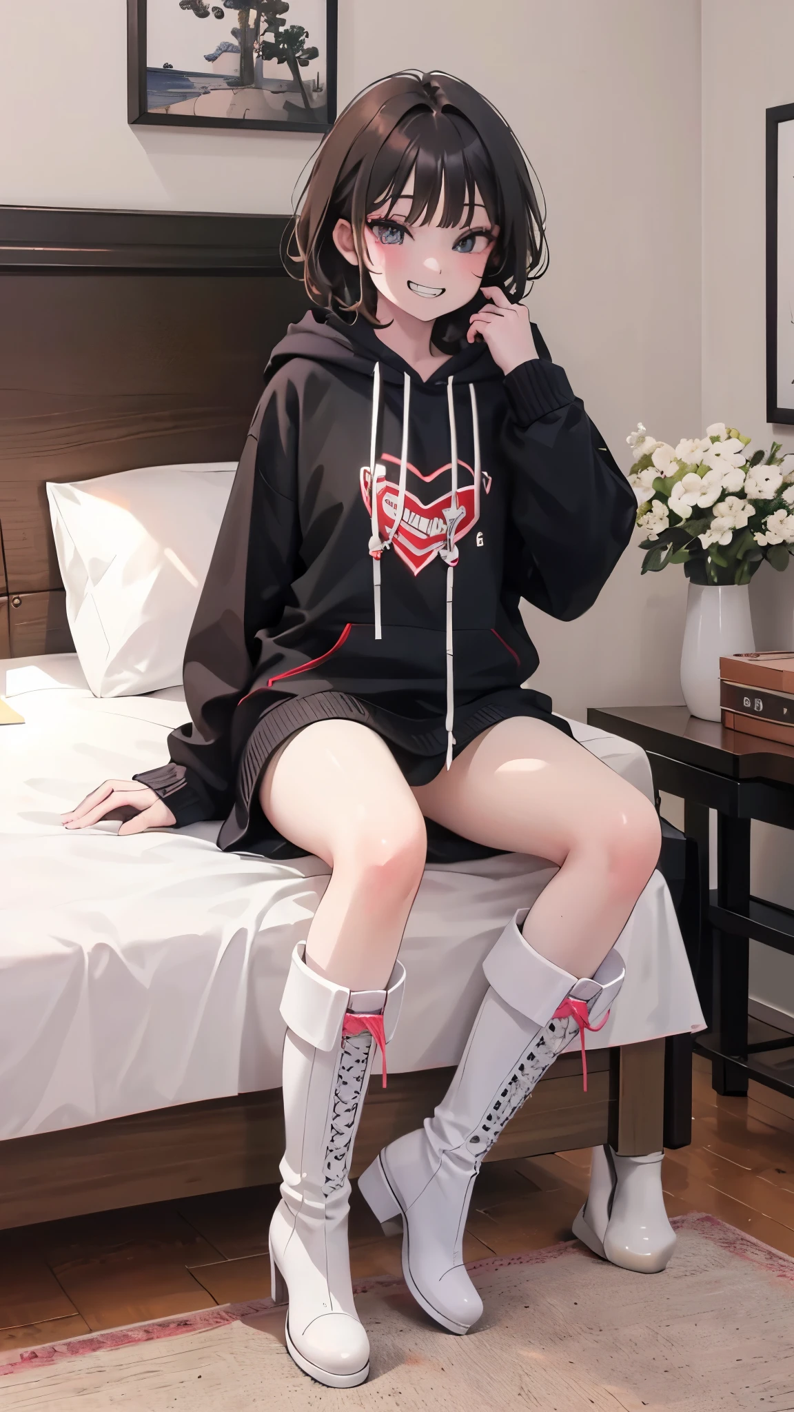 ultra-detailed , best quality, high resolution, master piece ,beautiful eyes, cute、(((( grin))))、lovehotel,((((sitting on a bed)))),
black and White hoodie、Red and black hoodie、White hoodie、((black platform boots))、perfect finger、(((boots focus))),the soles of the boots,
Brown Hair、Black Hair、Black Hairロング、black eye,