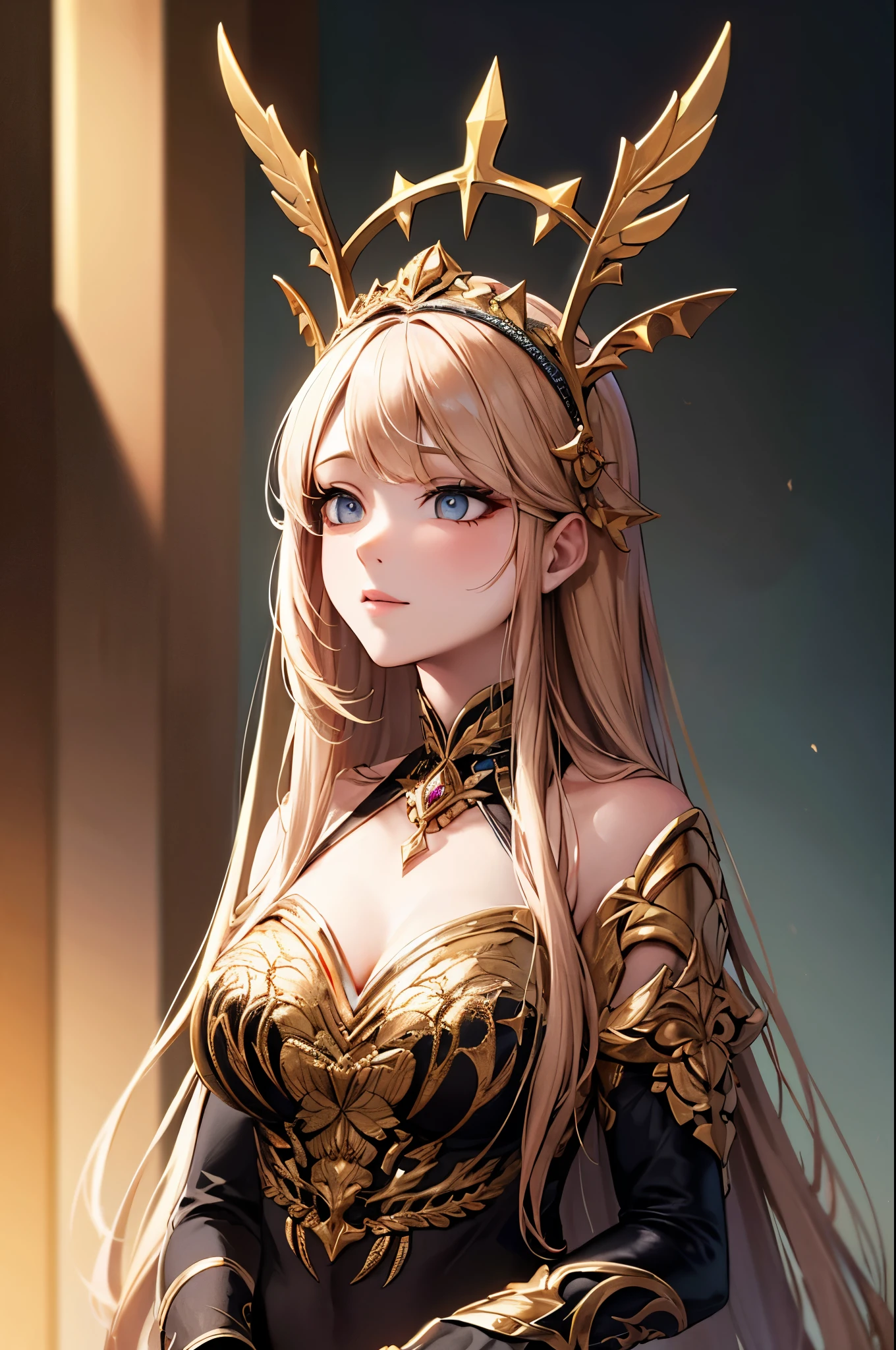 (Absurd, High resolution, Super detailed), One girl, Zodiac sign - Aries Goddess , alone, mature, Baroque, Long dress, Long sleeve, elegant, colorful, Most detailed, Upper Body , Sunset Hair . Eye of Fire . Brave, Selfish, Productive, The face of an enterprising humanitarian .