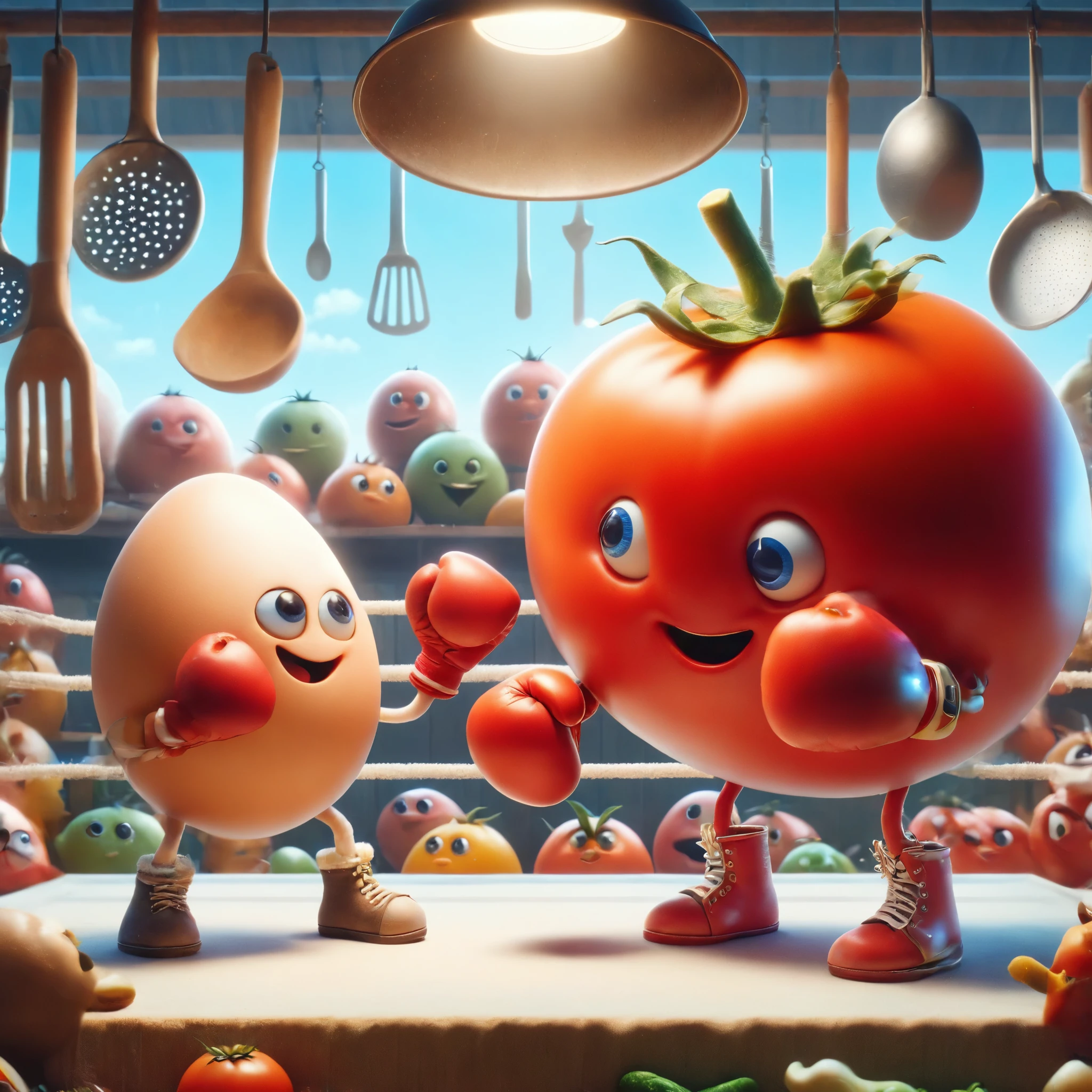 a whimsical kitchen-like boxing ring, a charming egg and a plump tomato are poised for a friendly boxing match. The egg has miniature gloves and a determined smile, while the tomato wears boxing gloves and its stem resembles a jaunty hat. The arena is decorated with hanging kitchen utensils and surrounded by an audience of various fruits and vegetables cheering excitedly. The scene is vibrant and cartoonish, with exaggerated expressions and movements, embodying a playful and innocent camaraderie between the characters. The setting is lively and animated, capturing a scene of unique friendship.