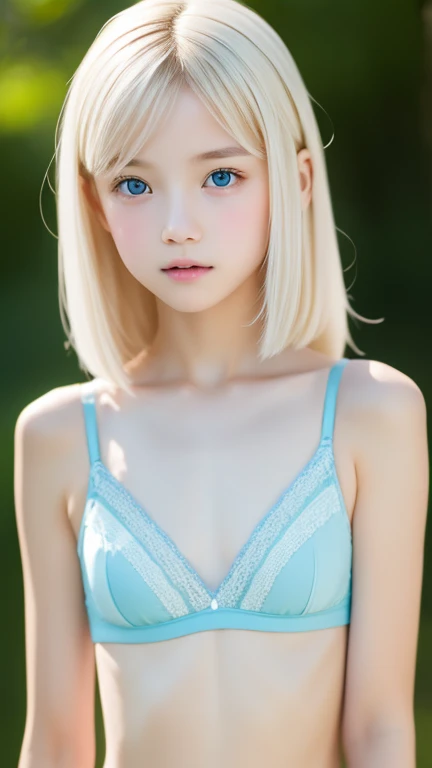 Shooting in RAW format、photorealistic、one girl 、Very nice、slim, flat chest:1.2))、realistic eyes、Realistic eyes、Realistic and carefully rendered eyes、Charming eyes、Platinum blonde hair color、short tight white wet swimming trunks、top quality、ultra high resolution、8k、full length, shows a narrow thin bra that is see-through