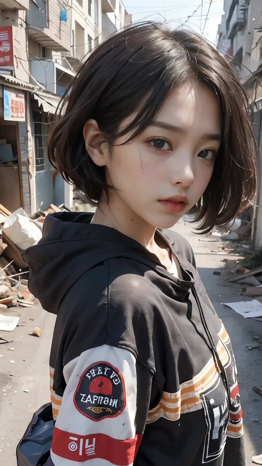 Bobcut,Holding a blank board,20-year-old,(((Homeless))),Bad complexion,Full of trash,Korean women,Pitch black,Tattered clothes,((( in a destroyed city,Oil,Mud stains,shit,dirty))),(((Frowning,カメラをGlaring))),((((Rubble pile))),After the disaster,Very fine eye, (((He&#39;s wearing a tattered and dirty black hoodie.,Wearing ripped pants))),(((Collapsing Building))),(((Tragic))),((photograph)),(((Fabric Shading))), (((highest quality))), (((masterpiece))) strong girl, ((((Realistic)))),,Black Hair, chic hairstyle, ((With bangs,ストレートミディアムBobcut, nice hair)), Light makeup,Red eyes, (((I&#39;m not wearing lipstick))), (nice, strong), (((Strong night atmosphere))), Centered Images, Looking at the camera, Elegant colors,Realistic Skin,Realistic texture,８k,whole body,Pale skin,Red iris,Expressionless,Glaring,Perfect Face,(((Big eyes))),