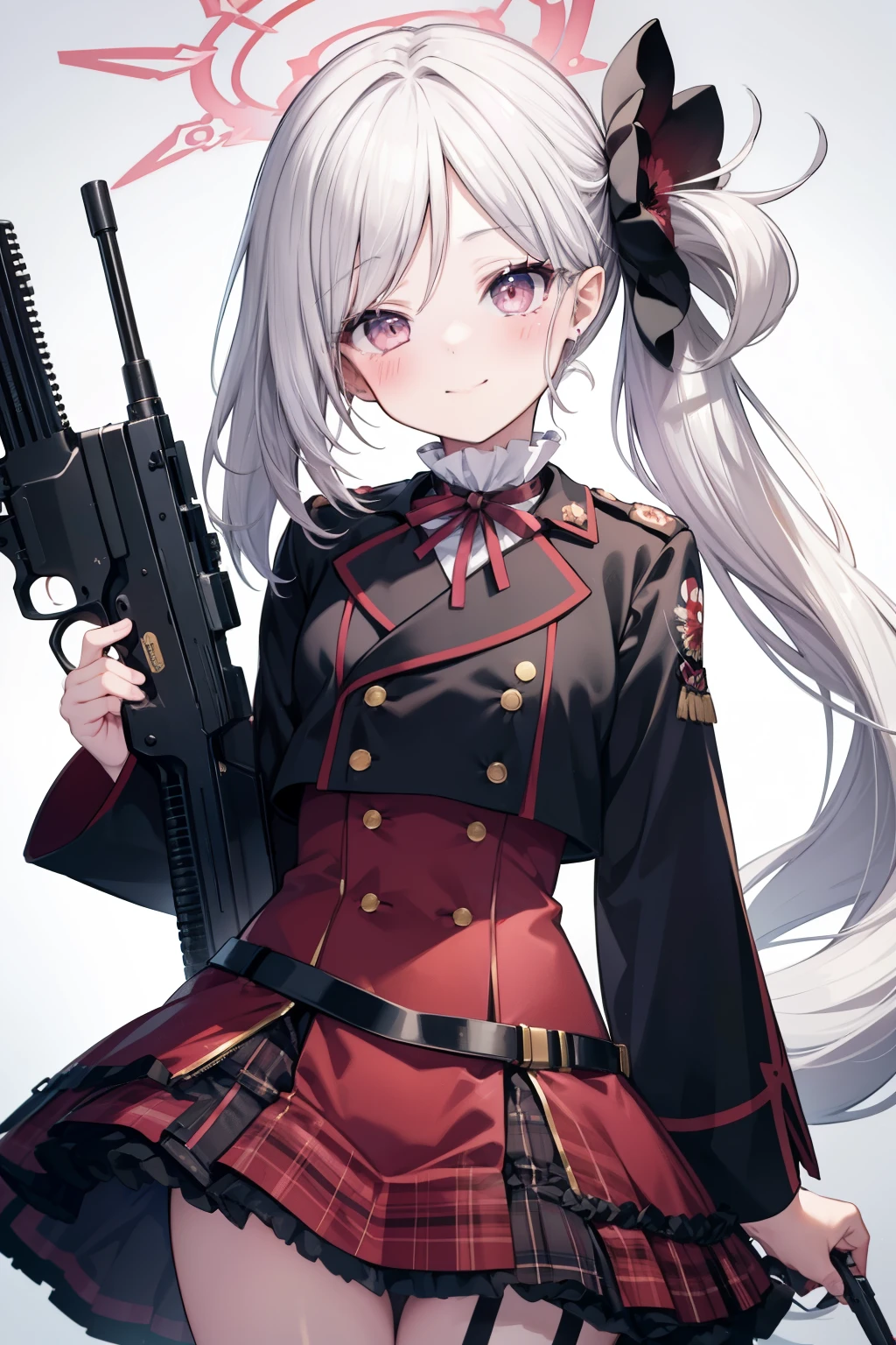 Asahi Mutsuki、Good looking girl (blush, Perfect Face), independent , Looking at the camera, masterpiece, Anime art style, Cute Characters, Most detailed, high quality、Nico Nico Smile、Silver Hair、side ponytail、Small breasts、****ta、Combat Uniform、gunを持っている、gun