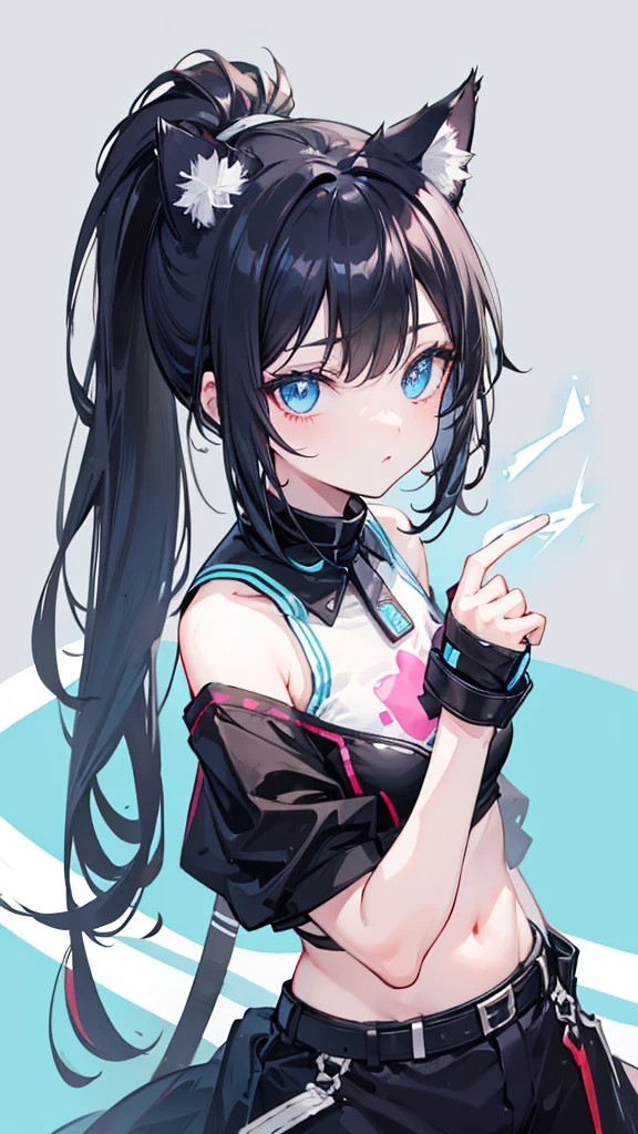 Ponytail,Black Hair,Cat ear,Light blue eyes,Cat&#39;Tail,Black suit,Miss,Japanese cartoons,slim,Black pantyhose,Pants,glare,Awkward