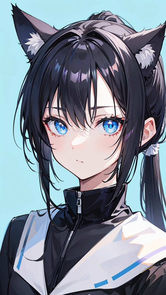 Ponytail,Black Hair,Cat ear,Light blue eyes,Cat&#39;Tail,Black suit,Miss,Japanese cartoons,slim,Black pantyhose,Pants,glare,Awkward