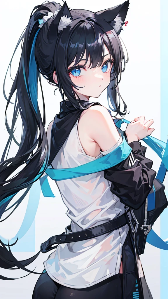 Ponytail,Black Hair,Cat ear,Light blue eyes,Cat'Tail,Black suit,Miss,Japanese cartoons,slim,Black pantyhose,Pants,glare,Awkward