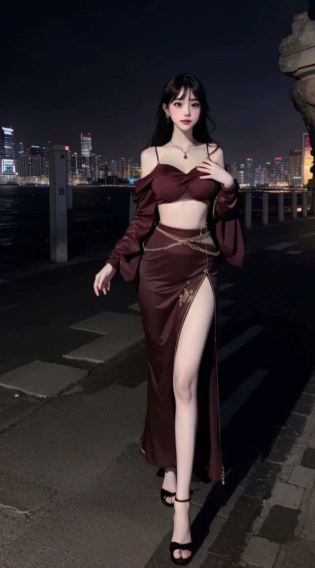 8k, Surreal, masterpiece, 最好of品質, Super detailed, high resolution, Random background, 1个Giant Breast Girl, (:1.5), Willow Waist, Wide hips, knee, night , of, Necklace, Earrings and Nipple Rings