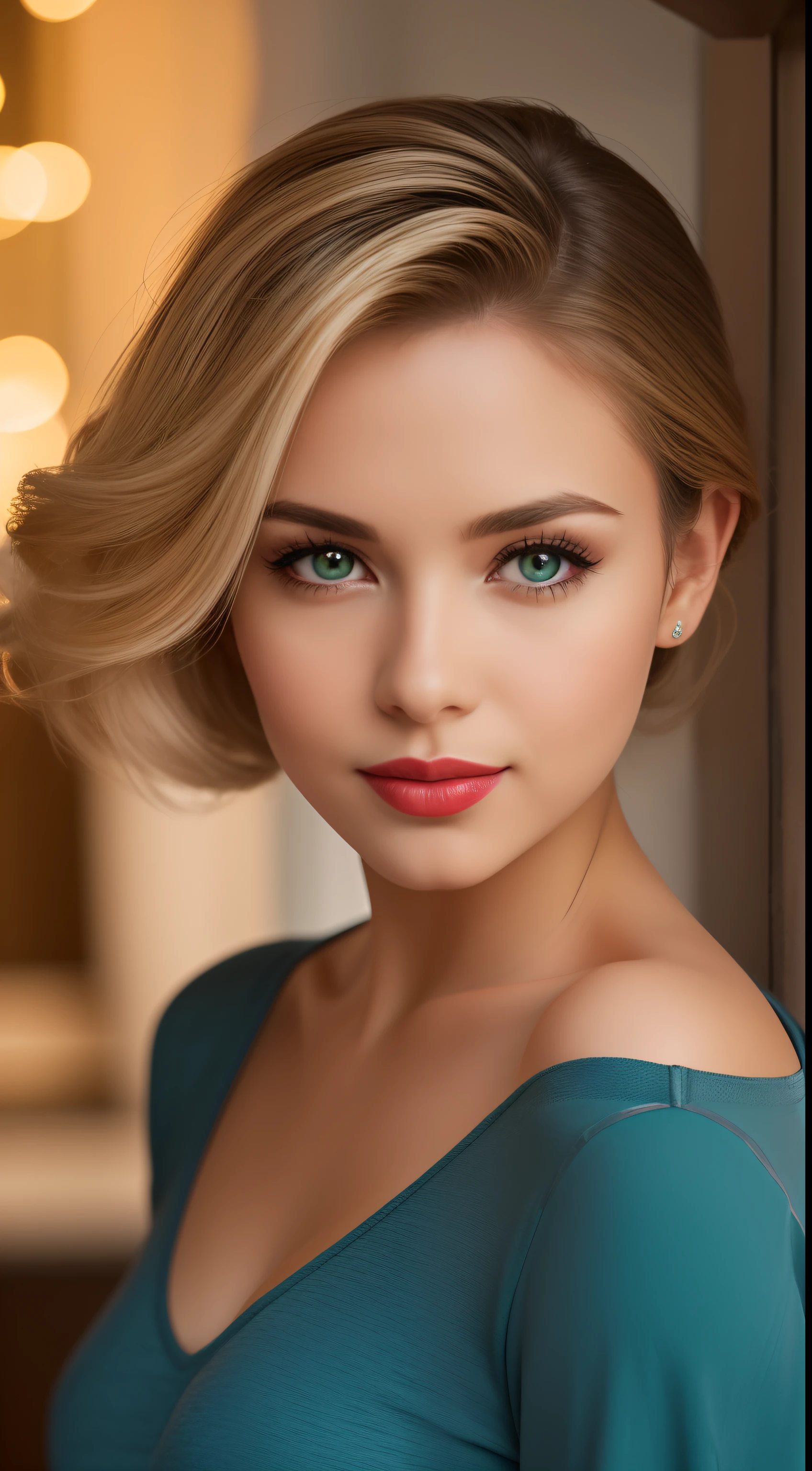 A young and beautiful woman, coiffed blonde hair，Sanft in Wellen auf die Schultern fallen, medium-sized, big green eyes, mit heller Haut, Sie war im Pyjama, Sie war im Bett, Machen Sie Haarpflege vor dem Schlafengehen, Die Umgebung wird durch warmes und angenehmes Licht beleuchtet，Make your hair shine, His face was naturally cheerful, Lippen mit rotem Lippenstift, 8K-Textur, sehr detailliert, realistisch, Weiches Kinolicht, HDR, sharp fokus, masterpiece, Fotor ist realistisch, award-winning photography, eine Canon EOS R5, 35 mm