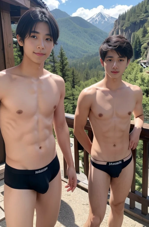 Beautiful boy、Cute Boys、20-year-old、japanese boy、Black underwear、Brief、In the mountains、naked、erection、