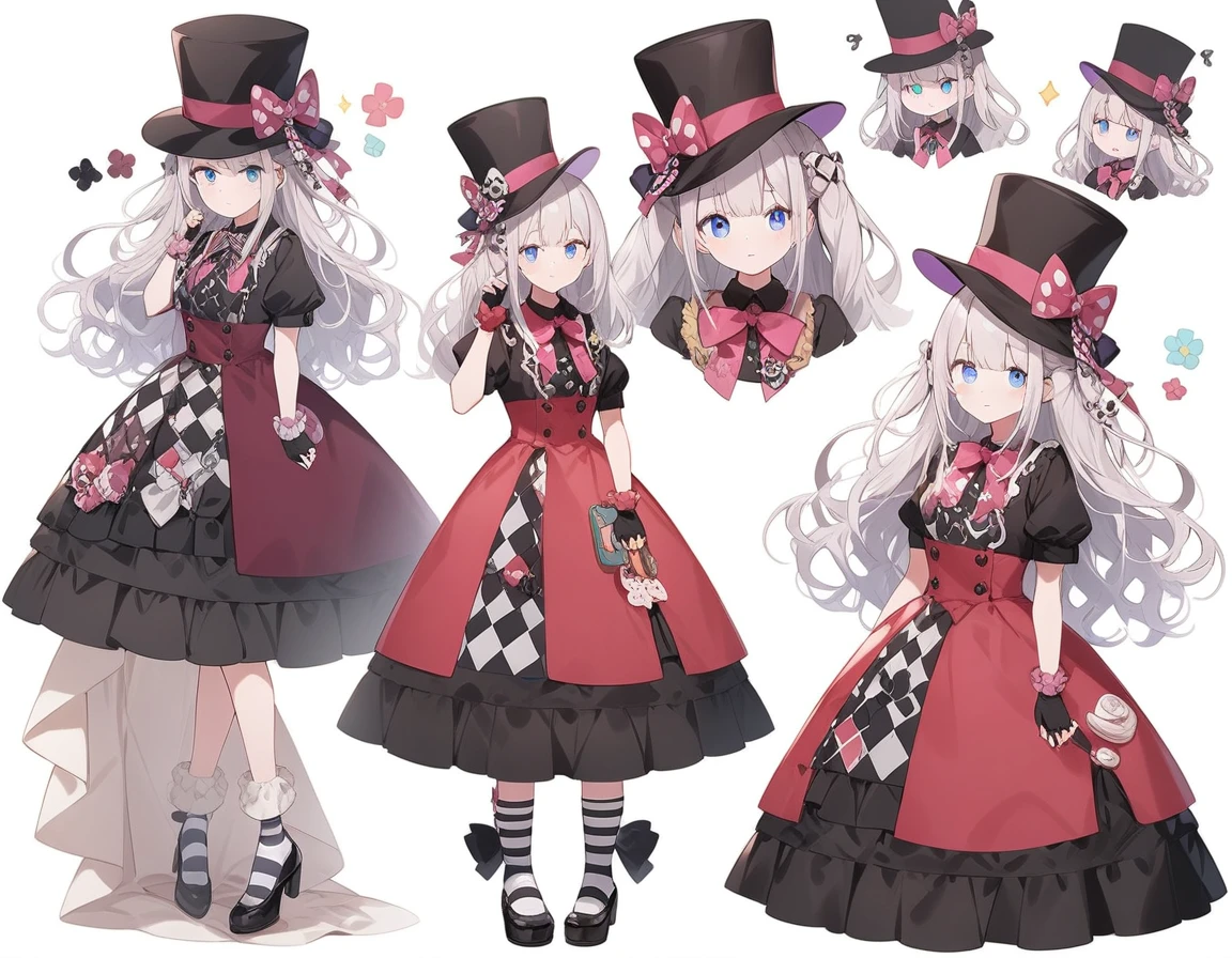 (highest quality、masterpiece、High resolution、detailed)、4K、Beautiful Anime、(Shining Eyes、detailed美しい顔)､No text, One girl,
break、((three views):2)、（Character design sheet）
//Fashion Whimsical Tea Mad Hatter,
This costume is、It captures the quirkiness and whimsy of the Mad Hatter character with a playful twist.。, Layered with various fabrics and patterns、Let&#39;s start with colorful, mismatched ensembles., Brilliant, A large jacket or coat with a frilly blouse、A whimsical style with striped or polka dot pants, 
break
Add quirky accessories such as mismatched socks, Fingerless gloves, Patterned bow ties or ascots, Complete your outfit with a whimsical feathered top hat, ribbon, and Trump, Don&#39;t forget the distinctive orange wig and wild hairstyle., Complete the look with colorful makeup, Includes bold eyeshadow, Bright lipstick, And rosy cheeks, Embodying the playfulness of Mad Hatter&#39;s tea ,
break