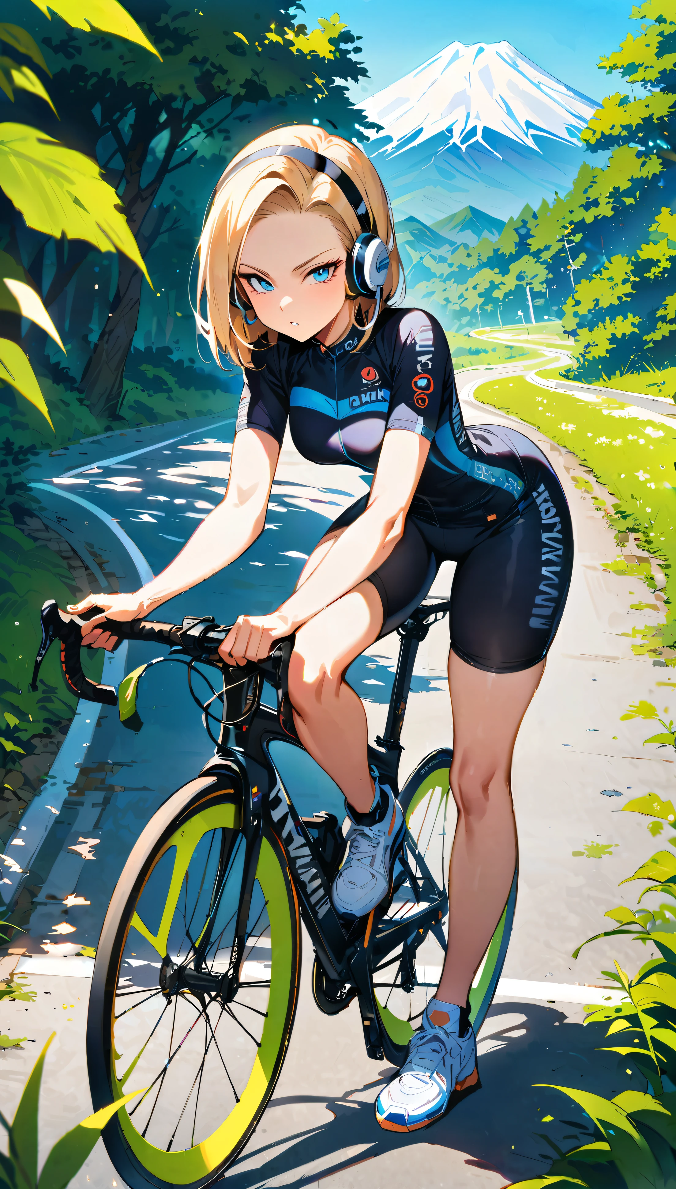 (masterpiece,best quality:1.2),frontal full body shot,Android 18 from Dragon Ball,sitting on the saddle with her buttocks on the bike seat,slender feminine figure in cycling pose,torso leaning forward over the low handlebars grasping the handles,one leg extended,facing camera,narrow waistline,(white over-ear headphones must be worn under cycling helmet),short blonde hair pulled back,blue eyes,earrings on earlobes,black cycling jersey,black cycling shorts hugging her toned thighs,white cycling shoes clipped into the white lightweight pedals,wearing a sleek white cycling helmet,riding a white road bike with a striped aerodynamic frame and white thin tires on a paved road,surrounded by lush green trees and foliage lining the paved road,sunlight filtering through leaves,with Mount Fuji visible in the distance,4K