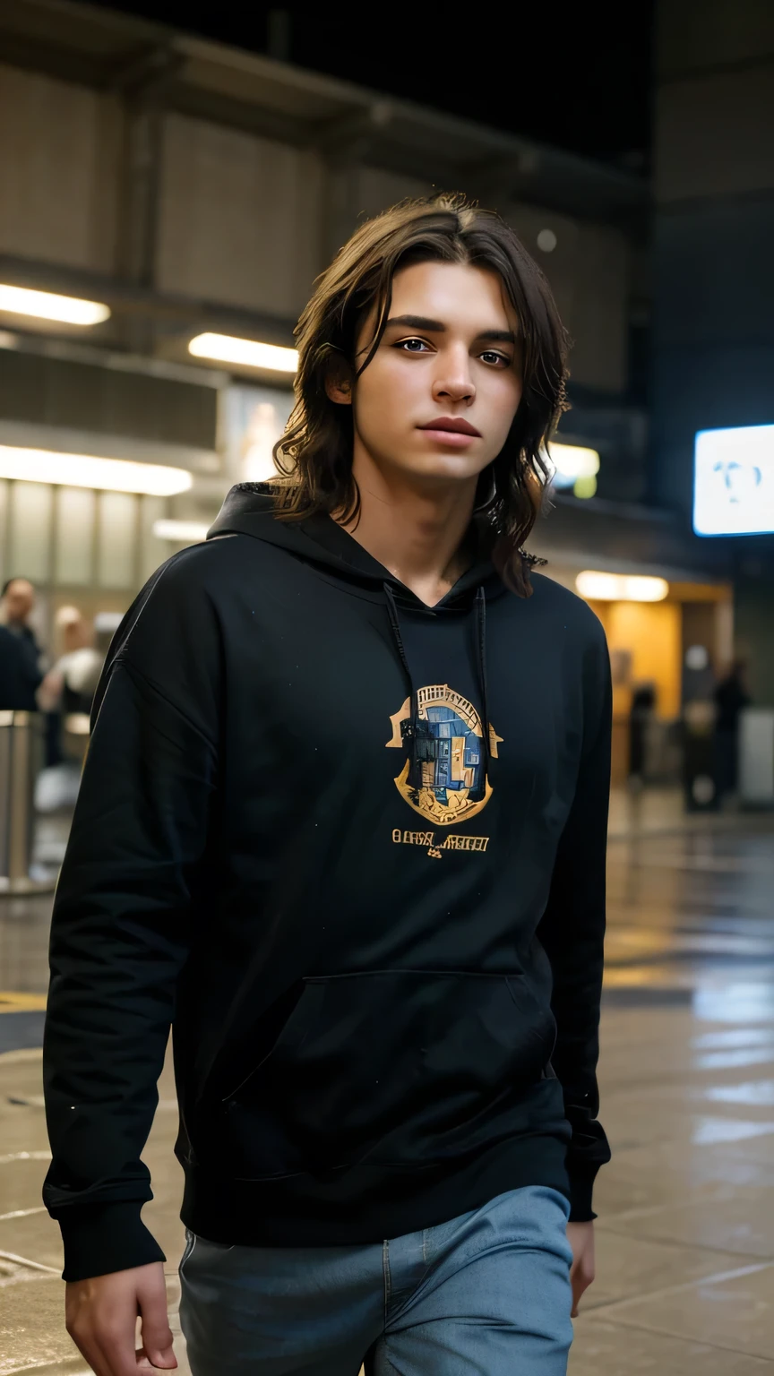 (8k, RAW photo, best quality, masterpiece:1.2), (realistic, photo-realistic:1.37), ultra-detailed, masterpiece HDR high quality Picture a young boy, 17 years old, handsome man, long black messy hair to his shoulder, sharp eyes, blue hoodie, walking on the airport, expressing a sense of perplexity and curiosity, with a touch of humor, creating a warm and relaxed atmosphere, captured in high resolution (best quality, 4k), with ultra-detailed features, realistic colors, and a touch of bokeh, reminiscent of a candid snapshot.