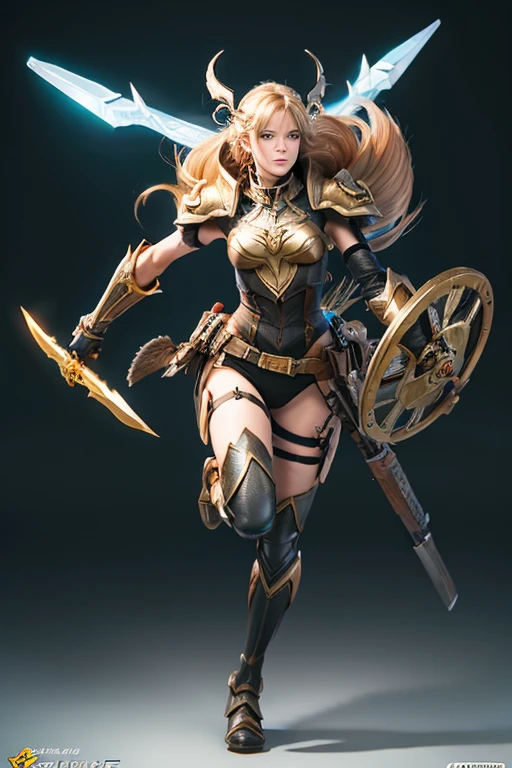 2D illustration by Yoshitaka Amano Valkyrie equipment、A dynamic full-body portrait of a Russian girl in her early 20s running through a fierce battlefield