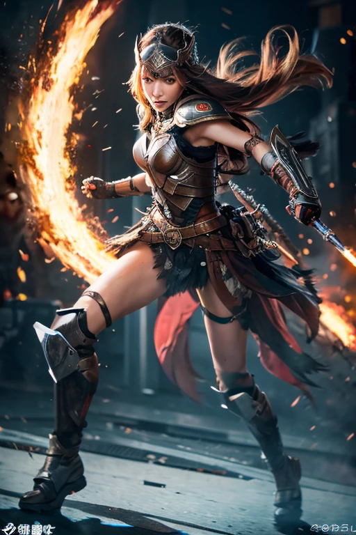 2D illustration by Yoshitaka Amano Valkyrie equipment、A dynamic full-body portrait of a Russian girl in her early 20s running through a fierce battlefield
