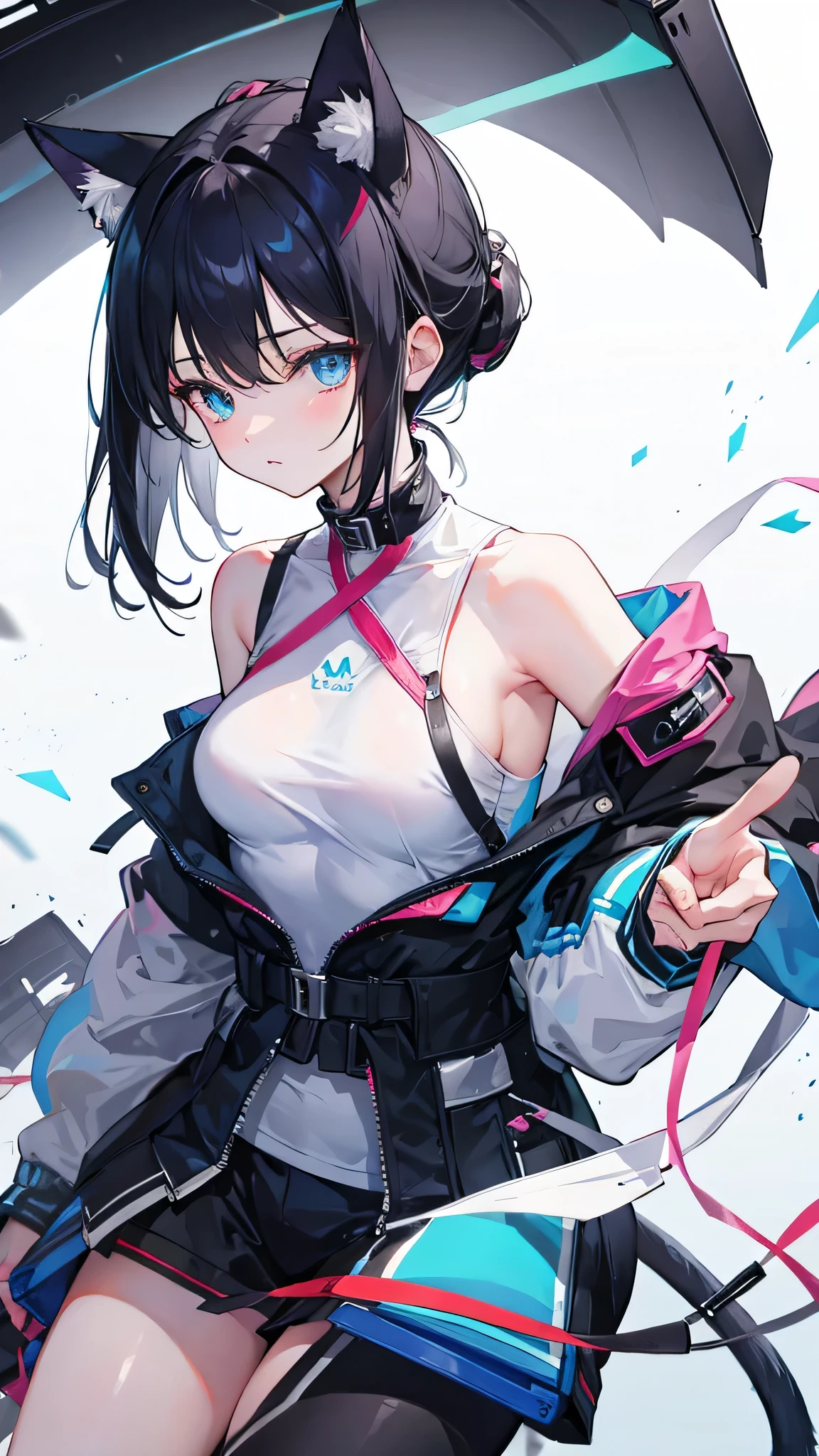 Ponytail,Black Hair,Cat ear,Light blue eyes,Cat'Tail,Black suit,Miss,Japanese cartoons,slim,Black pantyhose,Pants,glare,Awkward
