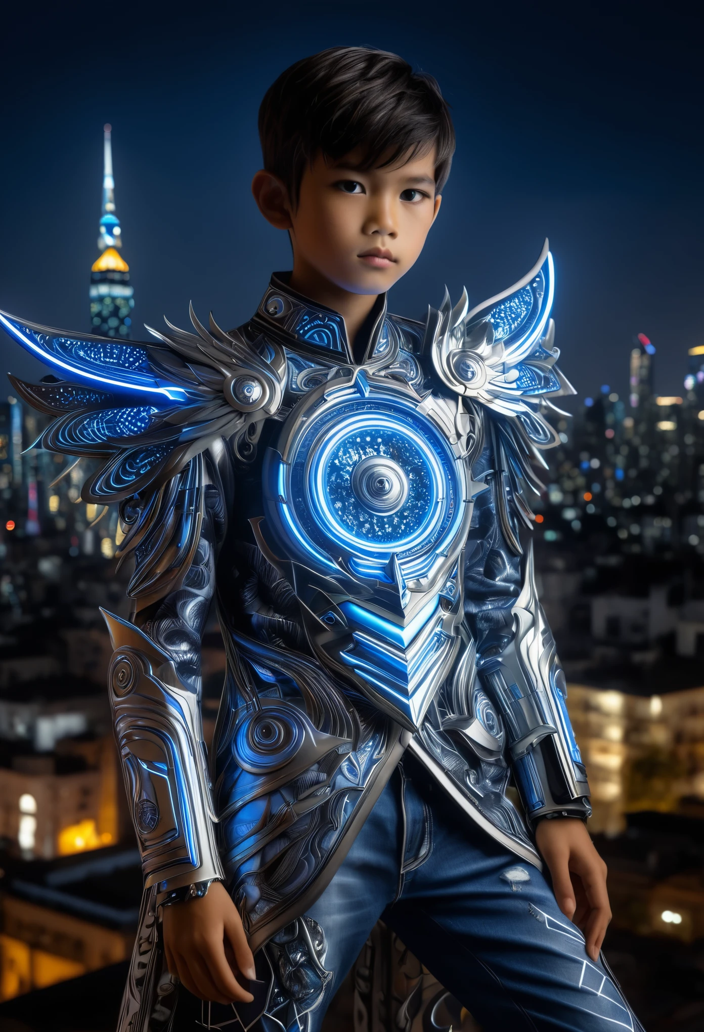 Highly detailed, hyper-realistic portrait of a young Japanese boy, by Hajime Sorayama and Ash Thorp, wearing a stunning, intricately designed fantasy outfit, blending traditional Indonesian batik with modern, high-tech elements, set against a vibrant, neon-lit Jakarta cityscape, with subtle hints of Indonesian architecture, intense, futuristic lighting, Canon EOS 5D Mark IV, ƒ 2.8, 50 mm, 8k, medium-format print, intricate textures, dynamic pose, fusion of Japanese and Indonesian cultural styles, subtle facial expression, ornate Garuda and Kris motifs, intricate batik patterns.