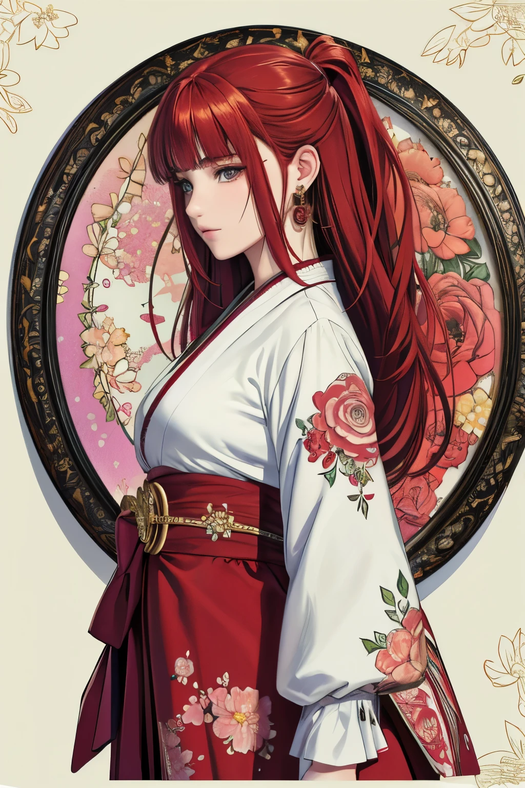 (​masterpiece, top-quality, top-quality, Official art, Beautifully Aesthetic:1.2), red eyes, (highest quality, masterpiece painting:1.3), immature woman, , (half body shot), masterpiece, ultra high resolution, (((Flower frame, A lot of flowers in the frame, round frame, A beautiful girl fits into the frame))), Decorative panel, abstract art, (shot from a side angle), (Photoreal:1.0), ((red hair)),straight hair, beautiful shining hair, white and shining skin, Painterly, sketch, Texture, 超A high resolution, solo, Beautuful Women, A highly detailed, (Fractal Art:1.1), (colourfull:1.1), (florals:1.6), The most detailed, (Zentangle:1.2), (Dynamic Poses), (Abstract background:1.3), (shinny skin), (Many colors:0.8), (earrings:1.4), (pluma:0.9), Taisho romance