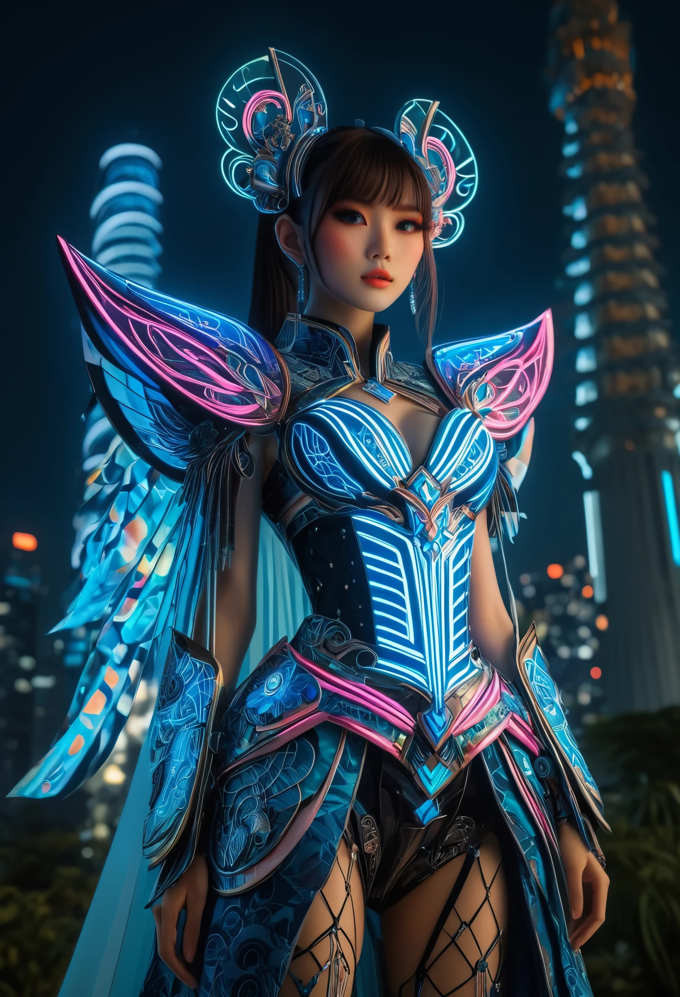 Stunning hyper-realistic Japanese girl, by Ash Thorp and Marta Nael, anime, manga, character, wearing elaborate fantasy clothes inspired by Indonesian culture, futuristic and modern twist, standing in a neon-lit Jakarta cityscape with the National Monument in the background, vibrant colors, soft focus, warm lighting, Sony A7R IV, ƒ 1.8, 24 mm, 8k, high-quality print, delicate features, intricate details, dynamic pose, fusion of traditional and futuristic elements, ornate accessories, exotic patterns, Batik-inspired design, traditional Indonesian headdress.