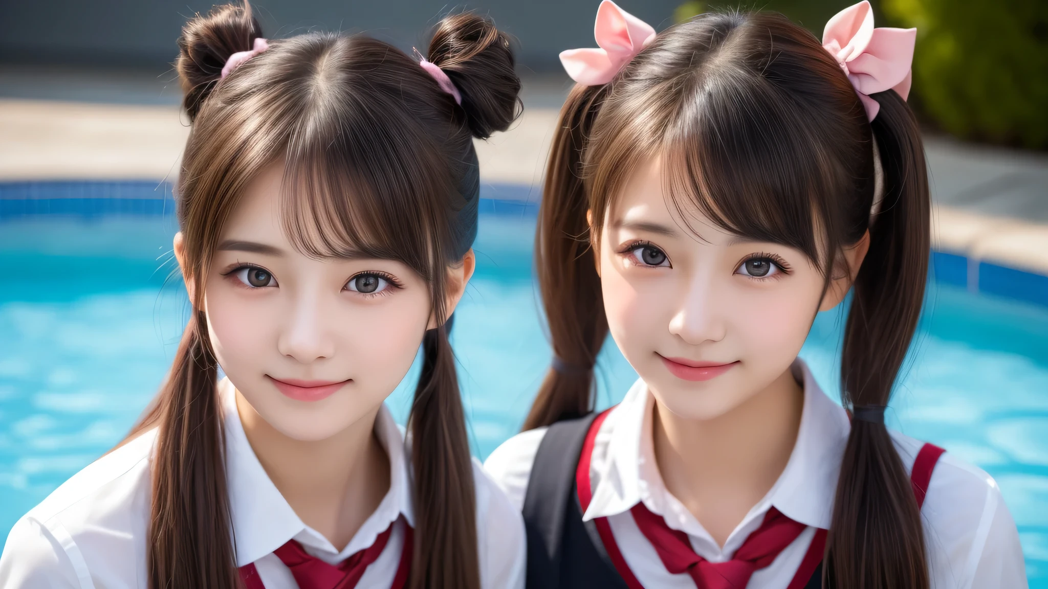 (3girl), enchanting smile, (extremely detailed beautiful face), (highly detailed eyes, highly detailed face), (Pig tails hair), (high school uniform), Fresh, very clean appearance, (best Quality:1.4), (hyper-realistic, hight resolution), Professional Photography, standing, Outdoors, Close up portrait of girl, staring at me, into the pool, (Fine face:1.2),