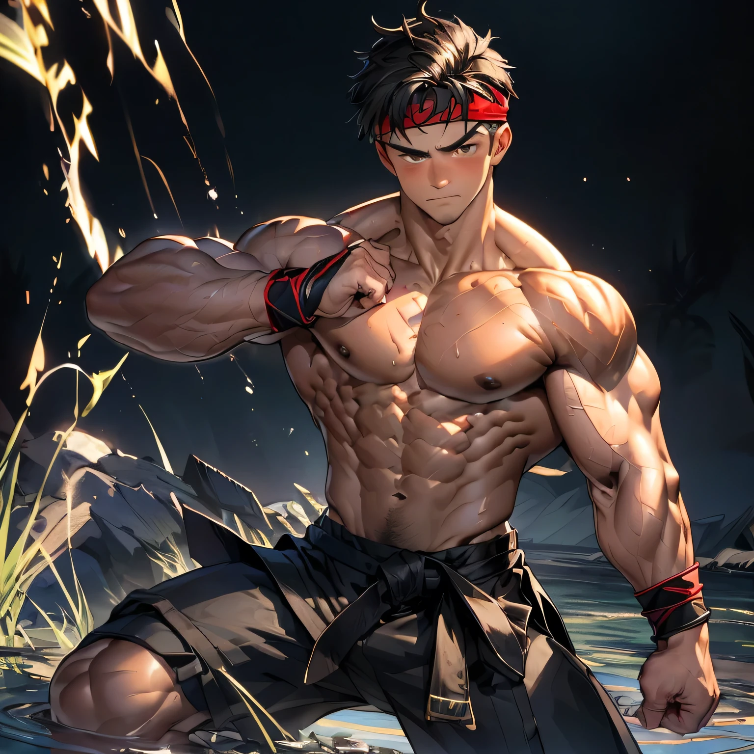 (Masterpiece, Best quality 19 year old boy, black background, looking away), solo, Young, boy, muscler, Shirtless, topless, (Dark Short straight hair, under cut, brown eyes), (red headband, ((black wristband))), Vivid colors, (hot Abs:1.2, abs!, big abs, big breast:1.2, chest!, muscler upper arms), (topless male), muscler!, muscler body, detailed face, detailed muscle, serious, (((A magical mystical aura power:1.4, rippling muscles, martial arts poses)))