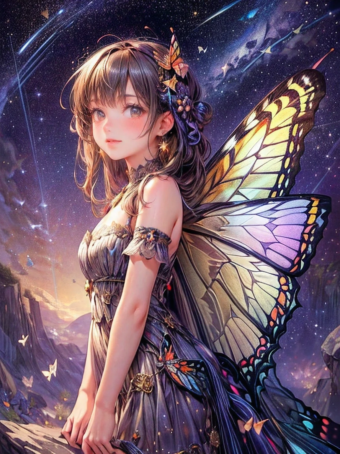 masterpiece:1.2, 8k, highres, ultra-detailed,  (beautiful cute girl), (butterfly ornament), (butterfly dress), (butterfly wings:1.2), ((many butterflies)), ((many flowers)), ((starry night landscape)), (beautiful world), (fantasy world), gently smile, sparkling eyes, shining lips, Soaring pose, sparkling Milky Way