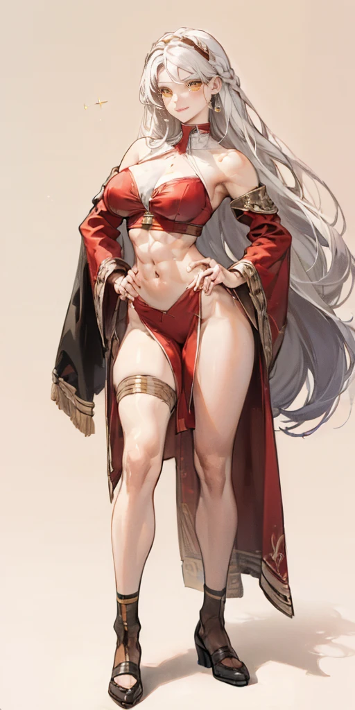 (((Plain background 1:2))) (masterpiece, high quality: 1.1) 1girl full body standing, hairstyle with a braid, white colored hair, yellow eyes, perfect lighting, muscular, thighs, mature woman, mummy, bellybutton, abs, looks at the viewer smile RED CHEEKS, extremely huge breasts, maternal, porcelain skin, extra very long hair, sparkly skin, good face, chest cover, HANDS ON HIPS