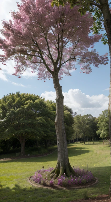 forest that have magical tree with pink and purple leaf