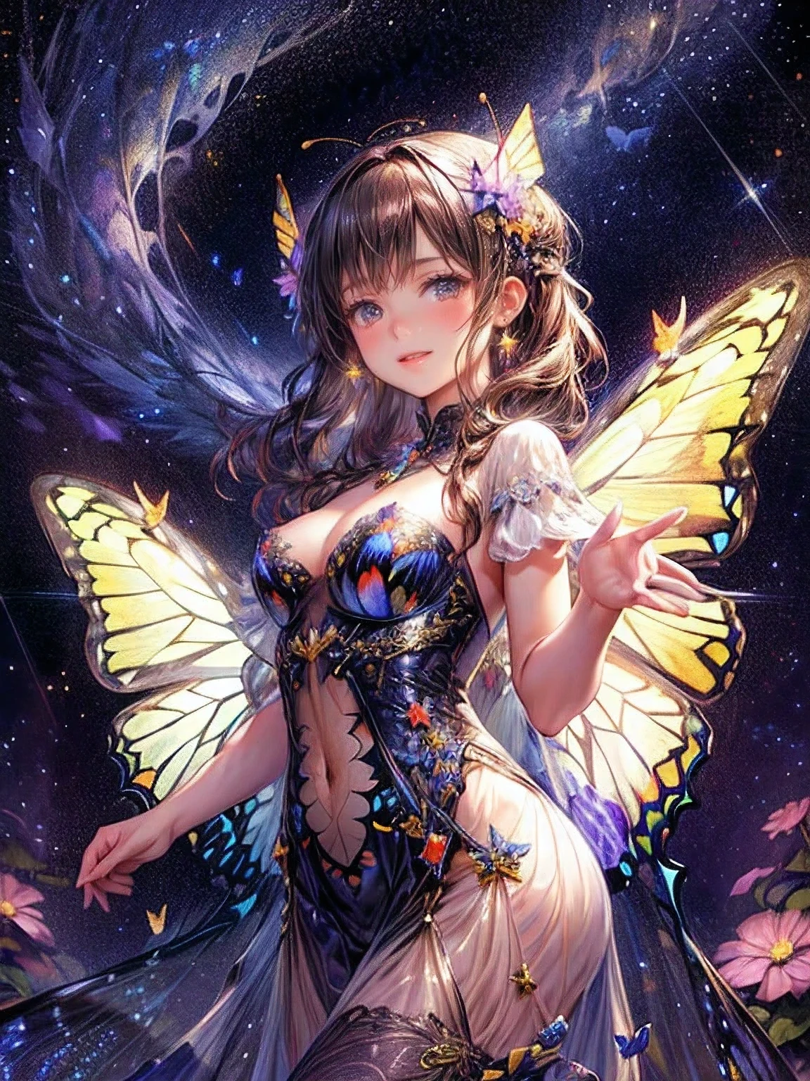 masterpiece:1.2, 8k, highres, ultra-detailed, (beautiful cute girl), (butterfly ornament), (butterfly dress), (butterfly wings:1.2), ((many butterflies)), ((many flowers)), ((starry night landscape)), (beautiful world), (fantasy world), gently smile, sparkling eyes, shining lips, Soaring pose, sparkling Milky Way