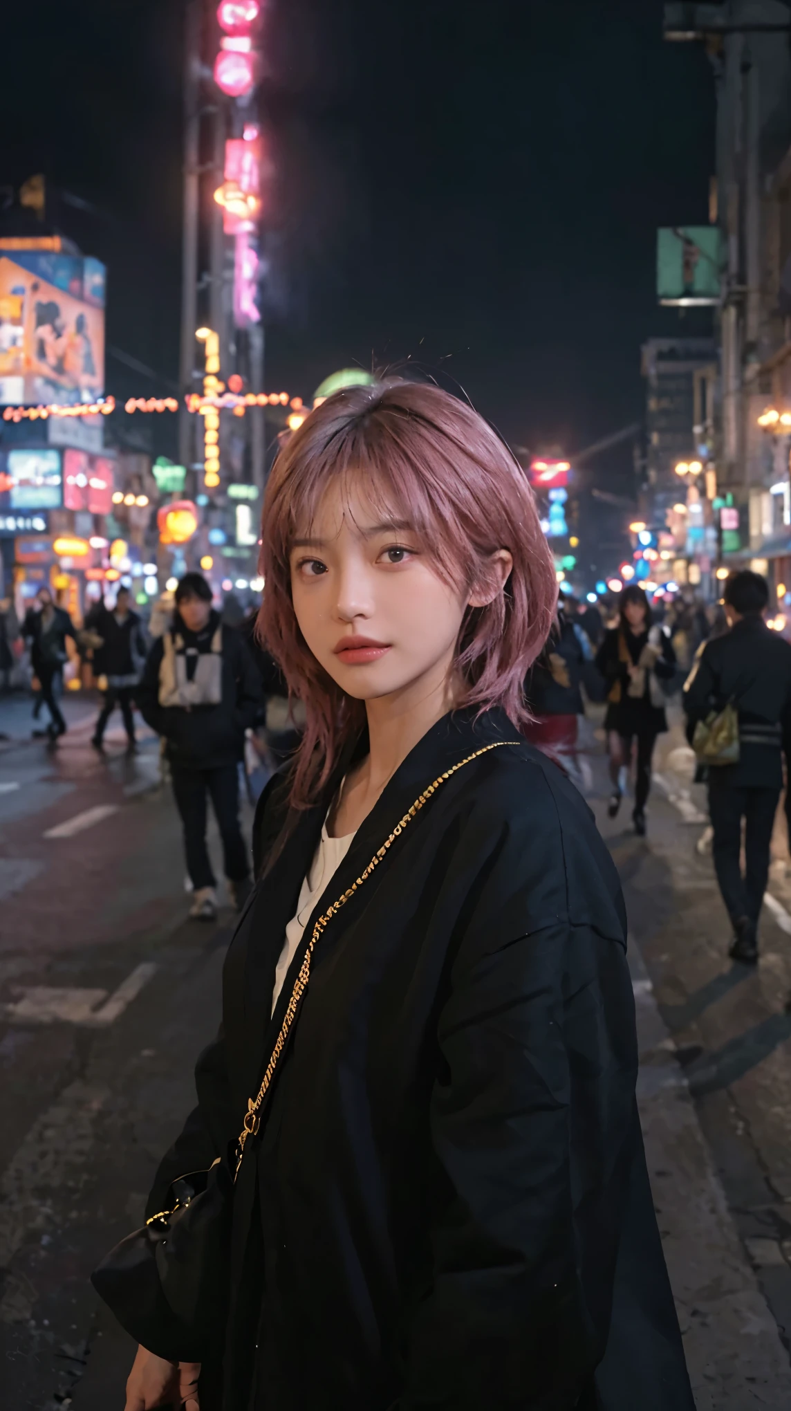 (8k, highest quality, masterpiece: 1.4), Super detailed, highest quality, Ultra-high resolution, Depth of written boundary,Ultra-Realistic Capture,(Very detailed,High definition 16K), Realistic eyes, Beautiful fine details, (Realistic Skin), Golden Ratio, Delicate eyes, cute, girl, short hair, Pink Hair, Standing in the middle of the city, (Night lights:1.4), skyscraper, Face Light(illumination), In the heart of the city, Bustling, A glittering city, Neon Town, Street, In the crowd, Theme park
