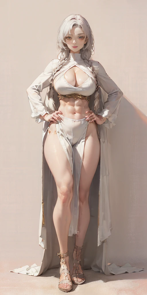(((Plain background 1:2))) (masterpiece, high quality: 1.1) 1girl full body standing, hairstyle with a braid, white colored hair, yellow eyes, perfect lighting, muscular, thighs, mature woman, mummy, bellybutton, abs, looks at the viewer smile RED CHEEKS, extremely huge breasts, maternal, porcelain skin, extra very long hair, sparkly skin, good face, chest cover, HANDS ON HIPS
