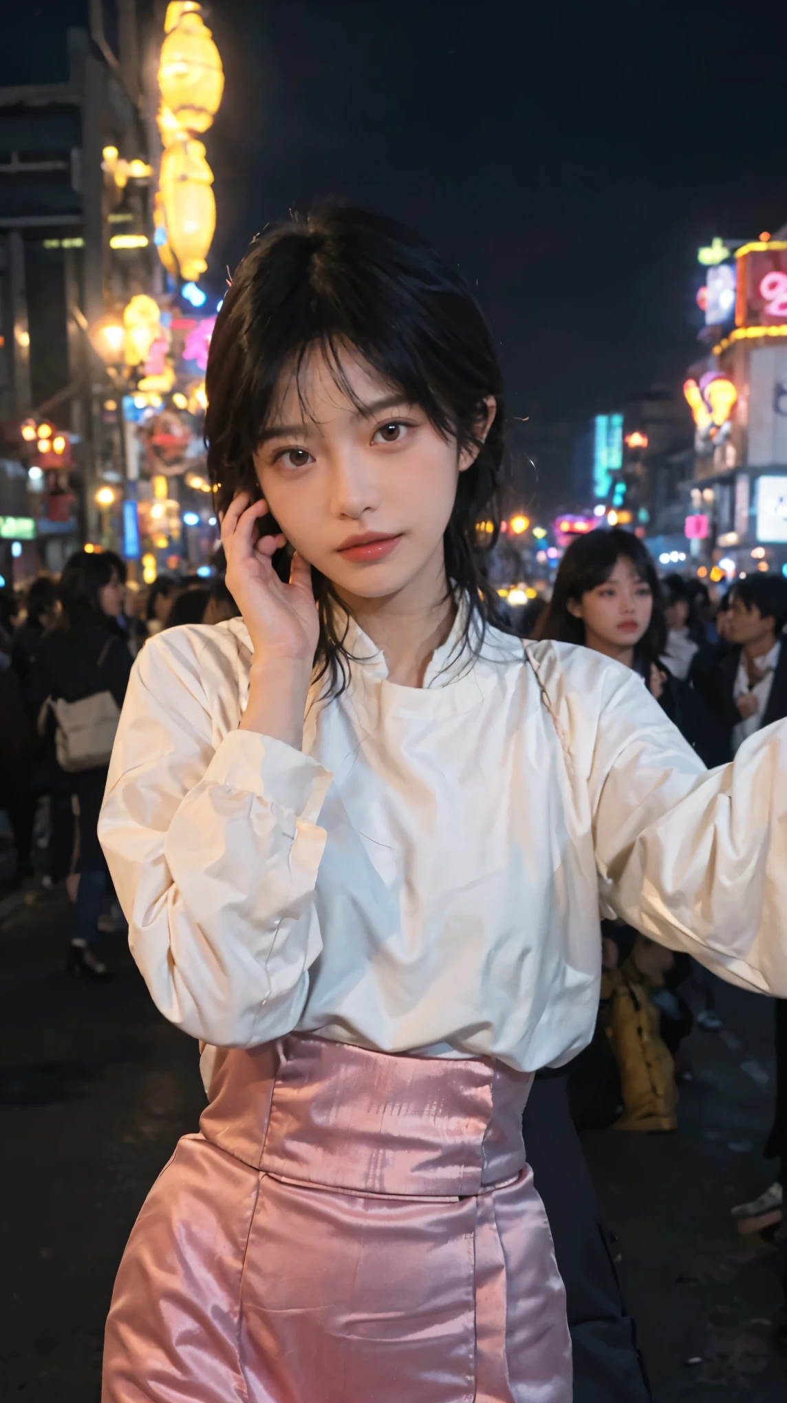(8k, highest quality, masterpiece: 1.4), Super detailed, highest quality, Ultra-high resolution, Depth of written boundary,Ultra-Realistic Capture,(Very detailed,High definition 16K), Realistic eyes, Beautiful fine details, (Realistic Skin), Golden Ratio, Delicate eyes, cute, girl, short hair, Pink Hair, Standing in the middle of the city, (Night lights:1.4), skyscraper, Face Light(illumination), In the heart of the city, Bustling, A glittering city, Neon Town, Street, In the crowd, Theme park