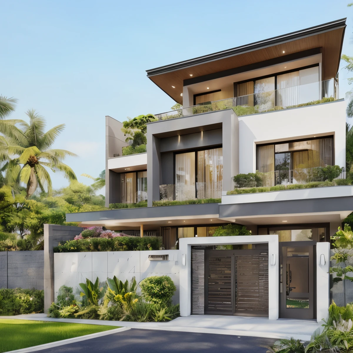 a modern house, grass fence, lawn, dark gray and coated wall material, Thai roof, strong modern style, blue sky, warm yellow light from inside, daylight day, feeling youthful